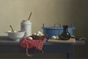 Henk Helmantel > Stilleven met rode tas, delftswit en eieren kopen?