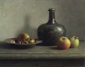 Stilleven met tinnen schaal, groene fles, appels en een kastanje