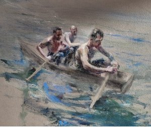 Drie roeiers in een boot 