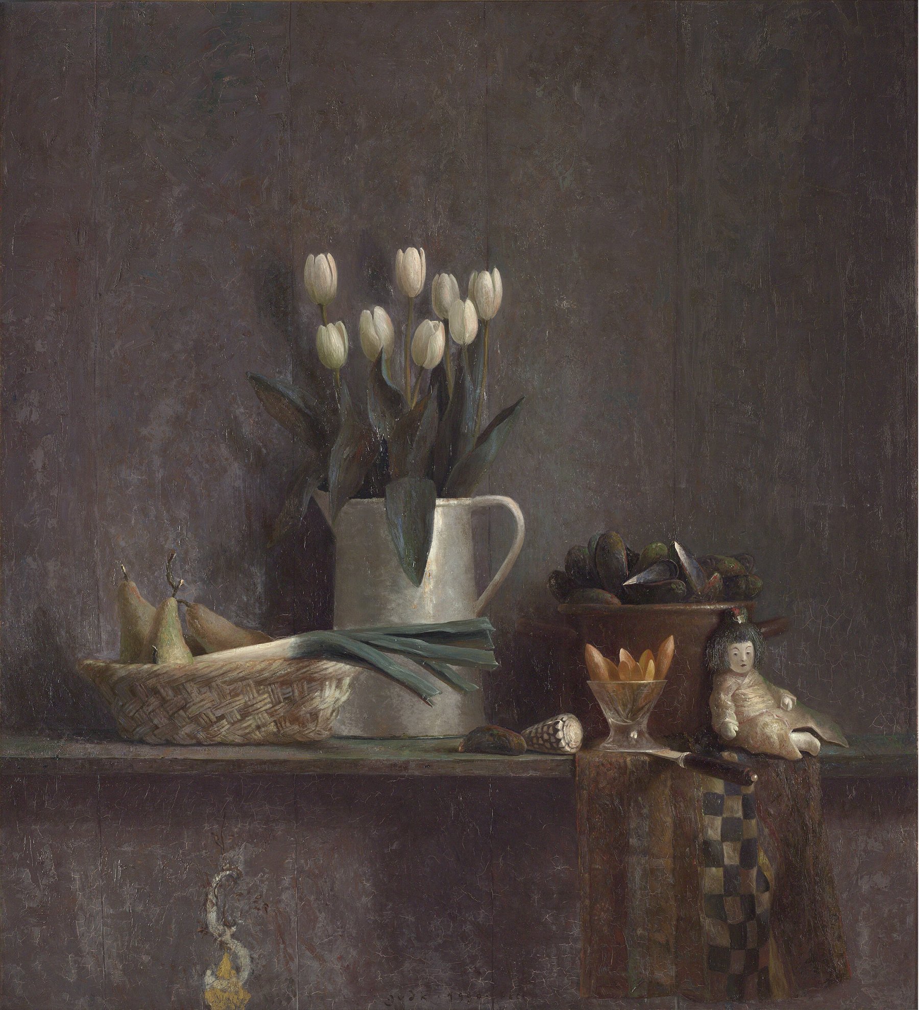 Olieverf op paneel: Stilleven met prei en mosselen van Jan van der Kooi kopen? Kunst Stilleven met prei en mosselen van Jan van der Kooi kopen?