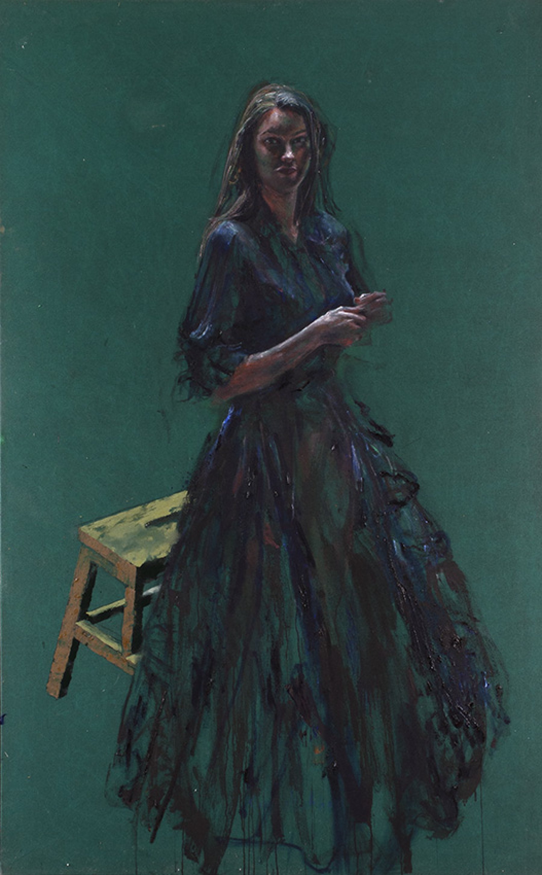 Kunst Vrouw in zwarte jurk (op groen) van Sam Drukker kopen?